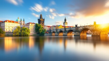 Canvas Print - A beautiful city with a bridge and a river