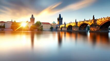 Canvas Print - A bridge spans a river in a city with a beautiful sunset in the background