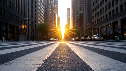 Sticker - A city street with a sun shining on the road