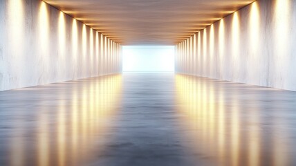 Canvas Print - A long, empty hallway with a white wall and a light shining on it