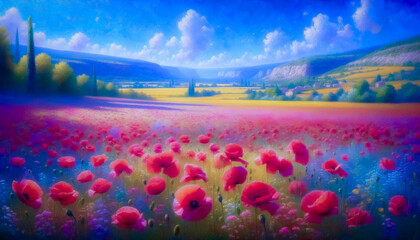 Dreamy landscape featuring a vibrant poppy field under a bright blue sky with soft clouds. The colorful scene is set in a peaceful valley, evoking the beauty and tranquility of nature