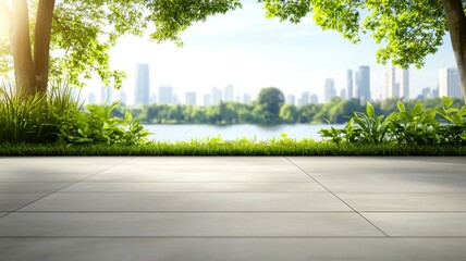 Sticker - A city skyline is visible in the background of a park with a lake