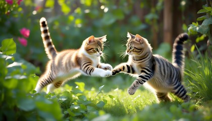 Wall Mural - Playful Cats Frolicking in a Lush Garden Chase