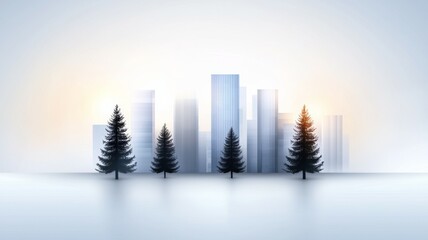 Poster - A city skyline with three trees in the foreground