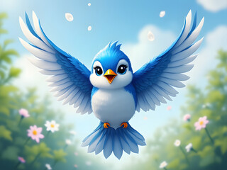 cartoon blue bird flying into the blue sky with flowers around