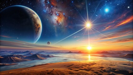 Wall Mural - Extraterrestrial landscape with a beautiful star rising above the alien planet's surface and satellite sunset