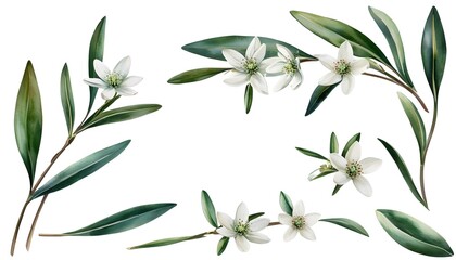 Wall Mural - Edelweiss Watercolor Clipart Featuring Delicate White Flowers and Lush Green Leaves in 3D Render