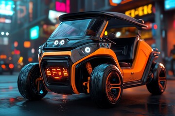 Poster - 3D digital model of a futuristic Tuk Tuk, with animated lights and sleek design, navigating through a fully rendered cyberpunk environment.