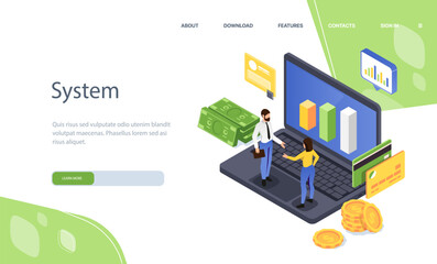 Poster - financial management poster. man and woman at laptop near bank card. accounting and budgeting. econo