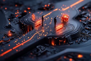 Aufkleber - 3D-rendered farewell scene in a digital world, where two figures part ways in a vibrant, fully animated virtual landscape, with glowing lights and digital elements creating a dynamic goodbye