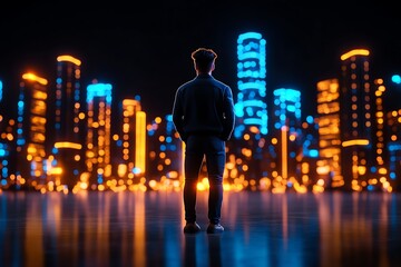 Poster - 3D-rendered leader standing in a futuristic city, where glowing buildings and advanced technology surround them as they lead their team into the future