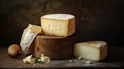 A rustic display of various cheese types on a wooden board.