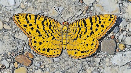 Poster - Yellow Butterfly with Black Spots on a Gravel Path