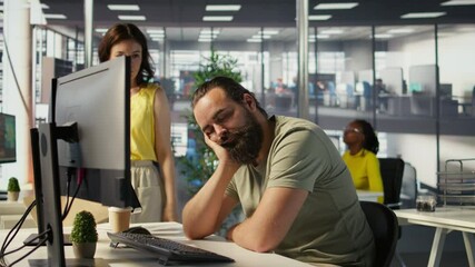 Poster - tired company worker caught falling asleep at desk in office by colleague, laughing about it. exhaus
