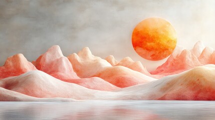 Wall Mural - Serene landscape with mountains and a glowing sun.