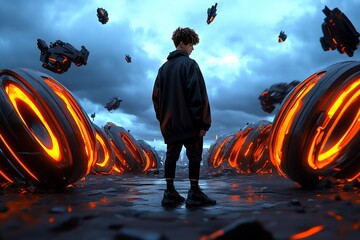 Poster - A calm figure standing in a futuristic wasteland, with robotic structures crumbling around them, their face serene as they reflect on the stoic acceptance of change and impermanence