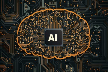 Sticker - a brain-shaped circuit board with an text AI chip at the center, representing artificial intelligence technology and machine learning.