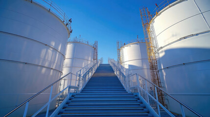 A series of white tanks with a blue sky in the background. The tanks are connected by a series of stairs