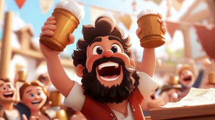 An exuberant animated pirate with a wide grin holds two mugs, surrounded by a lively crew, celebrating joy and camaraderie on a bustling pirate ship.