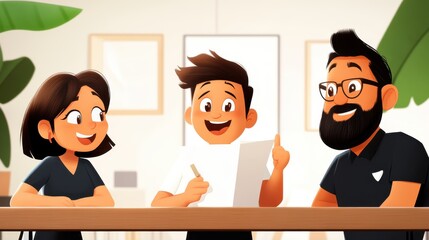 Three cartoon characters are collaborating in a bright, modern office. They are smiling and appear engaged in discussion, indicating a successful teamwork atmosphere.