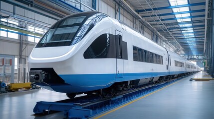 Sleek electric train speeding through a scenic landscape, showcasing modern transportation technology and the beauty of rail travel. Ideal for showcasing innovation in transit, travel articles,