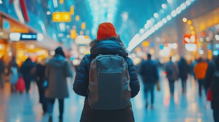 Traveler at an airport with a backpack, checking flight schedule, vacation vibes