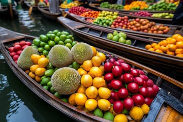 Aufkleber - A colorful floating market scene at sunrise, where early morning light reflects off the water and vendors arrange tropical fruits like durians and mangosteens in wooden boats