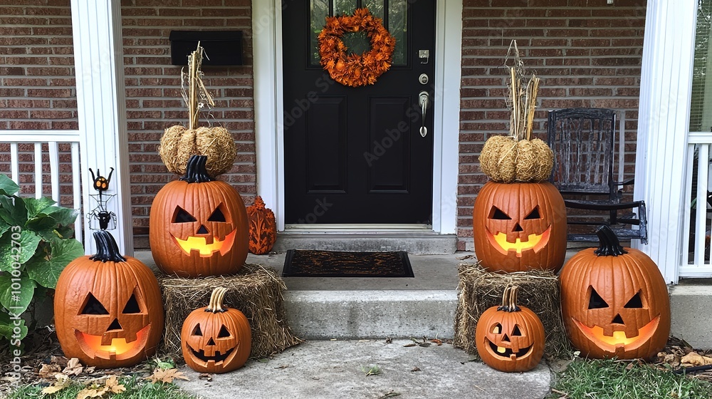 Halloween Jack-o'-Lanterns on Front Porch for Seasonal Home Decor,This ...