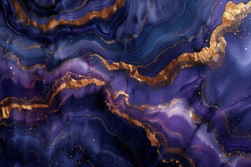 Indigo Ocean Blue and Purple Marble with Gold Swirls Abstract Background Texture