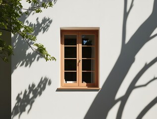 Shadow of tree branch on window and wall with sunlight filtering through wood, highlighting the architecture and glass frame of the house in a minimalist design featuring nature and light (6)