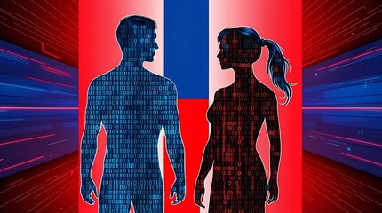 Silhouette of a man and woman, a shadow profile, abstract artificial intelligence, with software and digital code, set against a blue and red contrast, binary futuristic technology human (43)