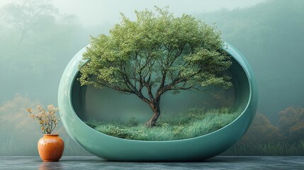 Poster - A sculptural display featuring a tree within a modern vessel.