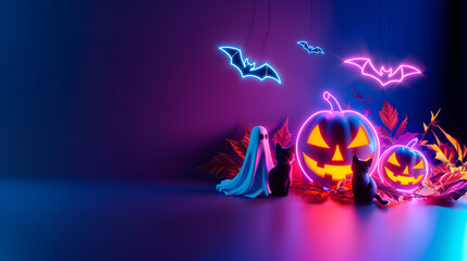 Sticker - neon halloween banner with copy space, on dark purple and violet background pumpkin and bats with space for text