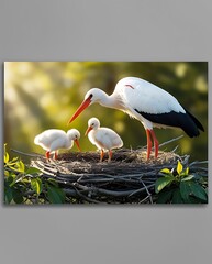 Stork bird family in nest with newborn baby and mother, birdwatching and wildlife love in nature, with white animal and wild fauna beak in sky and wing feather outdoor (2)