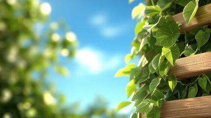 A natural wooden fence intertwined with lush green ivy leaves under a bright blue sky, blending rustic charm with the refreshing essence of nature.