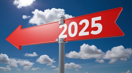 Text 2025 on red sign against blue sky. New Year resolution and goal to change and progress, business success and growth strategy, future challenge vision, start or beginning, startup, calendar (18)