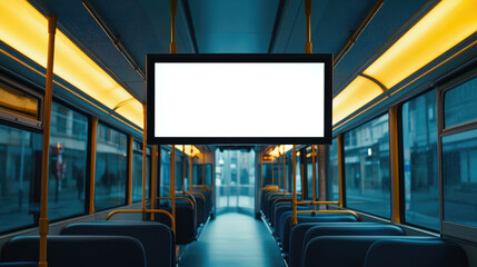 A bus with a large screen on the wall. The screen is white. There are no people on the bus