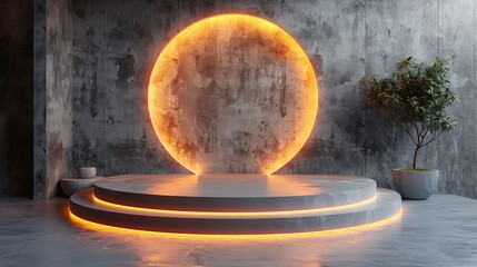 Wall Mural - a circular stage illuminated by a glowing orange circle with a potted plant in the corner, set again