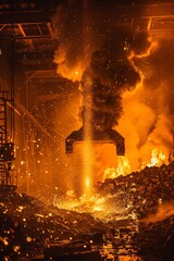 Sticker - In the steel plant, there is an electric balance hammer hitting iron materials in front of it