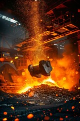 Sticker - In the steel plant, there is an electric balance hammer hitting iron materials in front of it