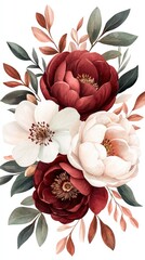 Wall Mural - Burgundy and White Watercolor Floral Arrangement with Greenery Isolated on White Backgroun