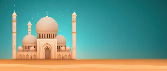 Stylized mosque illustration with flowing curves and serene background.