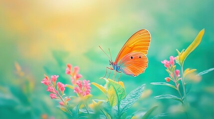 Sticker - Orange Butterfly on Pink Flowers in a Lush Garden