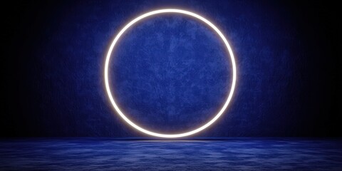 Wall Mural - Glowing Neon Circle on Blue Abstract Background   Modern Minimalist Design