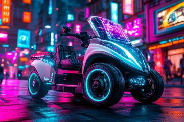Aufkleber - A futuristic Tuk Tuk in a cyberpunk world, navigating through neon streets with holographic signs and advanced technology integrated into the vehicle.