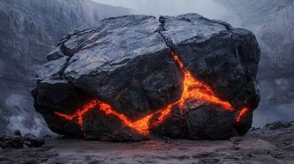 Poster - Glowing lava flowing through a dark, rocky landscape