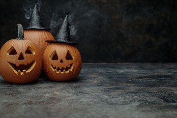 Poster - Spooky jack-o'-lanterns with witch hats on a dark background