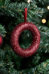 Canvas Print - Sparkling red ornament hanging on christmas tree