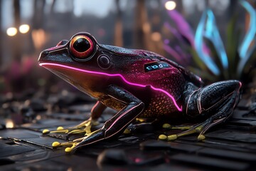 Poster - A futuristic frog with neon colors glowing in a high-tech jungle, where plants and creatures are bioluminescent and the forest is filled with advanced technology.