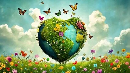 A green and blue Earth shaped like a heart sits in a field of colorful flowers under a bright blue sky